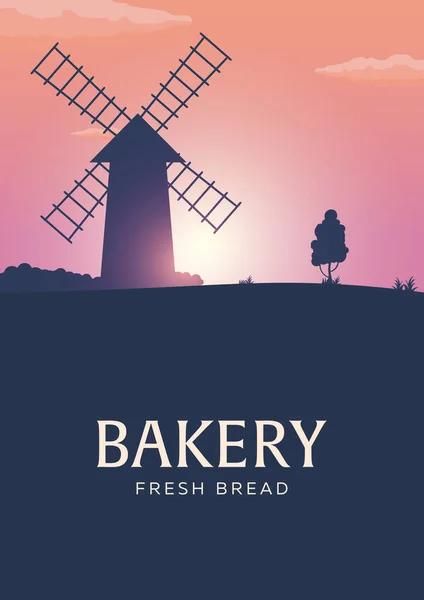 Plakat ländliche Landschaft mit Windmühle. Sonnenaufgang. Bäckerei. frisches Brot. Vektorillustration. — Stockvektor
