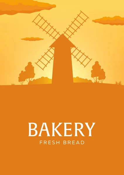 Plakat ländliche Landschaft mit Windmühle. Sonnenaufgang. Bäckerei. frisches Brot. Vektorillustration. — Stockvektor