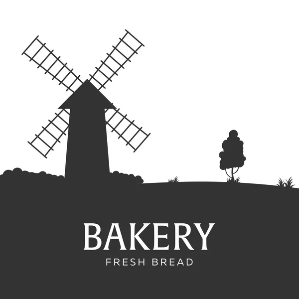 Plakat ländliche Landschaft mit Windmühle. Bäckerei. frisches Brot. Vektorillustration. — Stockvektor