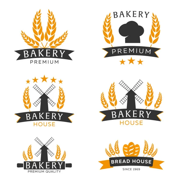 Set von Bäckereiemblemen, Etiketten, Logos und Designelementen. Brot und Weizen. Vektorillustration. — Stockvektor