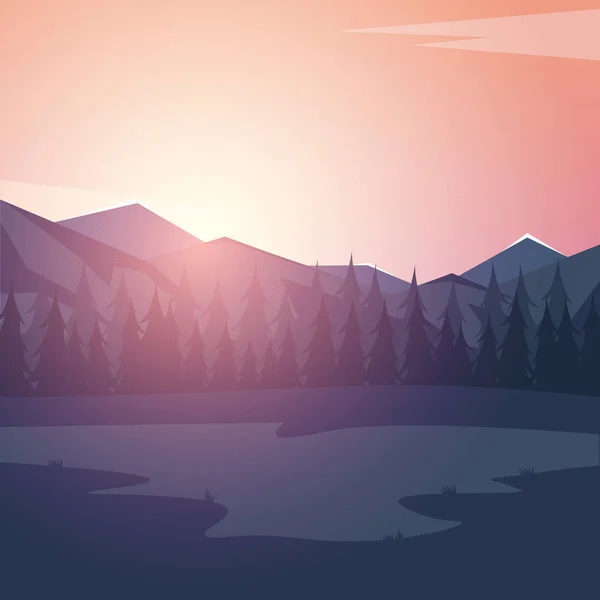 Natuur bergen landschap. Zonsondergang of zonsopgang zon over de bergen. Rocky mountains en dennenbos. Avond. — Stockvector