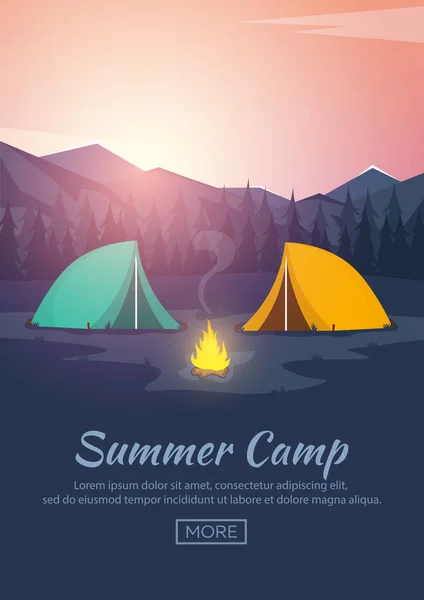 여름 캠프입니다. 저녁 캠프, 소나무 숲 및 록 키 산맥입니다. 산에 일몰입니다. 등산, 트레킹, 하이킹, 산책입니다. 캠프 파이어입니다. 자연 풍경. — 스톡 벡터