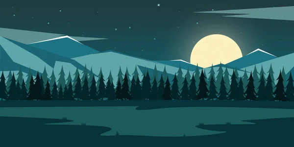 Nature mountains landscape. Moonlight. Rocky mountains and pine forest. Evening. — Stock Vector