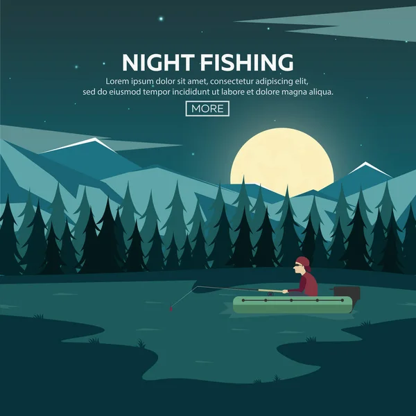 Fishing on a mountain lake. Sunset in the mountains. Night fishing. — Stock Vector