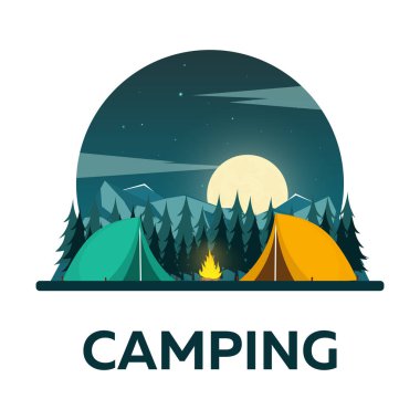 Yaz kampı. Gece kamp. Kamp ateşi. Çam ormanı ve rocky Dağları. Yıldızlı gece ve Mehtap. Doğa manzara.