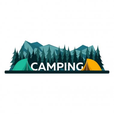 Yaz kampı. Gece kamp. Kamp ateşi. Çam ormanı ve rocky Dağları. Yıldızlı gece ve Mehtap. Doğa manzara.