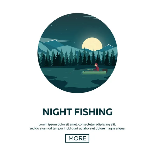 Fishing on a mountain lake. Sunset in the mountains. Night fishing. — Stock Vector