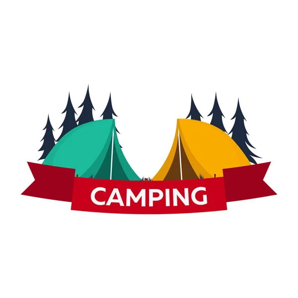 Nyári tábor. Este tábor, fenyő erdő és a Sziklás-hegység. Naplemente a hegyekben. Hegymászás, Trekking, kirándulás, séta. Tábortűz. — Stock Vector