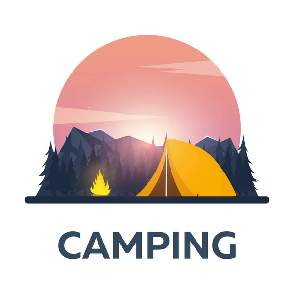 Summer camp. Evening Camp, Pine forest and rocky mountains. Sunset in the mountains. Climbing, Trekking, Hiking, Walking. Campfire. Nature landscape. — Stock Vector