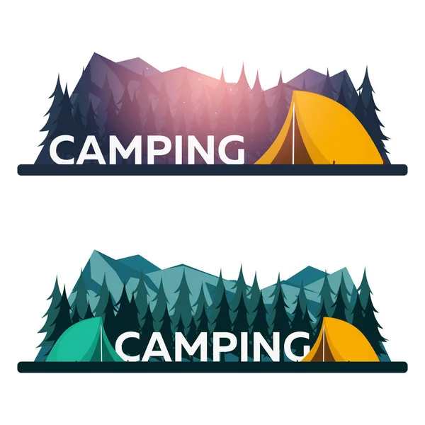 Campamento de verano. Campamento nocturno, bosque de pinos y montañas rocosas. Puesta de sol en las montañas. Escalada, Trekking, Senderismo, Caminata. Fogata. Naturaleza paisaje . — Vector de stock