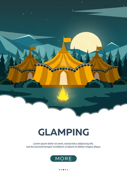 Glamping. Acampamento de glamour. Fogueira. Floresta de pinheiro e montanhas rochosas. Acampamento noturno . — Vetor de Stock