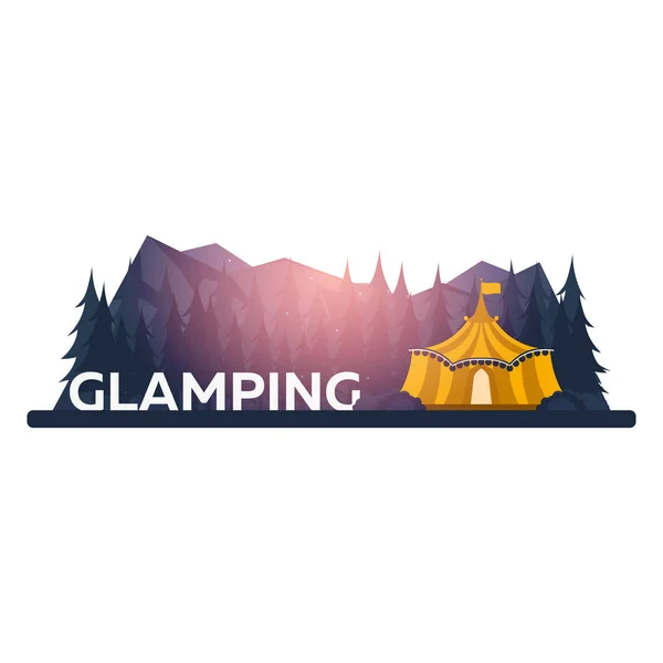 Glamping. Glamour-Zelten. Lagerfeuer. Kiefernwald und felsige Berge. Abendlager. — Stockvektor