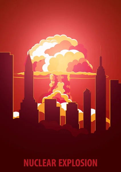 Nucleaire explosie. Cartoon Retro affiche. Paddestoel wolk. Vectorillustratie. — Stockvector