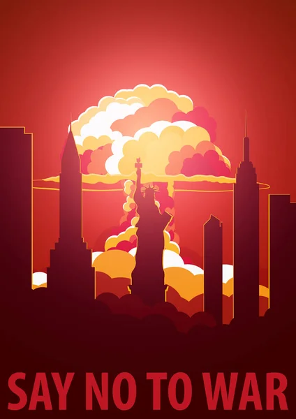 Explosão nuclear na cidade. EUA dizem não à guerra. Cartaz dos desenhos animados Retro. Ilustração vetorial . — Vetor de Stock