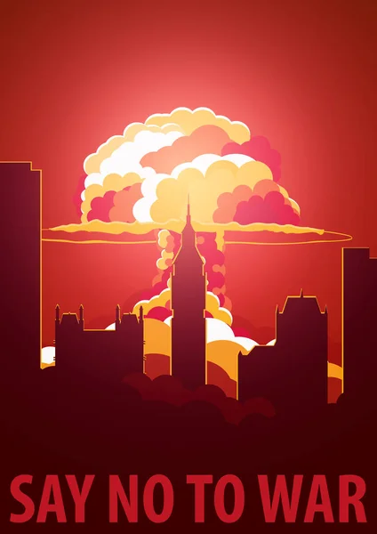 Explosão nuclear na cidade. O Reino Unido diz não à guerra. Cartaz dos desenhos animados Retro. Ilustração vetorial . — Vetor de Stock