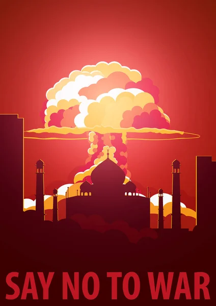 Explosão nuclear na cidade. A Índia diz não à guerra. Cartaz dos desenhos animados Retro. Ilustração vetorial . — Vetor de Stock