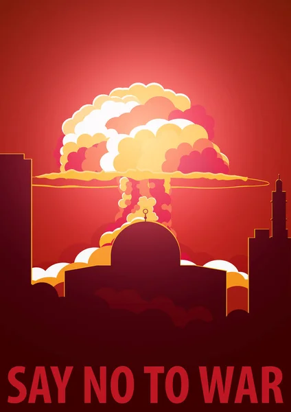 Explosão nuclear na cidade. Israel diz não à guerra. Cartaz dos desenhos animados Retro. Ilustração vetorial . — Vetor de Stock