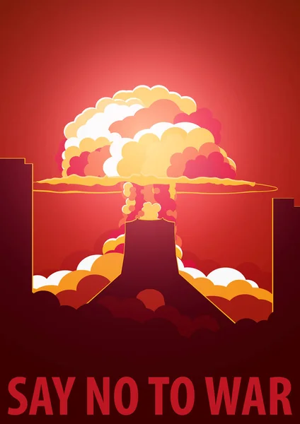Ядерний вибух в місті. Іран сказати ні для війни. Мультфільм ретро плаката. Векторні ілюстрації. — стоковий вектор