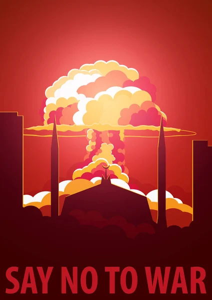 Explosão nuclear na cidade. O Paquistão diz não à guerra. Cartaz dos desenhos animados Retro. Ilustração vetorial . — Vetor de Stock