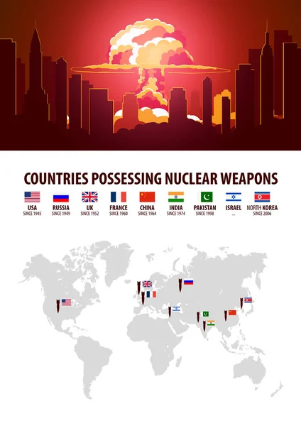 Explosion nucléaire. Infographie des pays possédant des armes nucléaires. Illustration vectorielle . — Image vectorielle