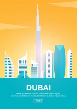 Dubai seyahat poster. Simge yapılar siluetleri. Vektör çizim.