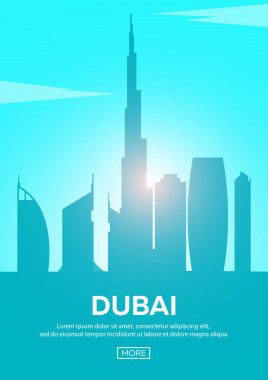 Dubai seyahat poster. Simge yapılar siluetleri. Vektör çizim.