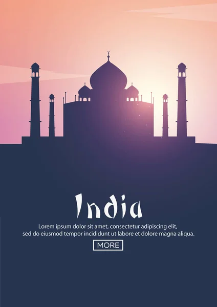 Cartaz de viagem para a Índia. Sílhuetas de pontos de referência. Ilustração vetorial . — Vetor de Stock