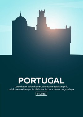 Portekiz seyahat poster. Simge yapılar siluetleri. Vektör çizim.