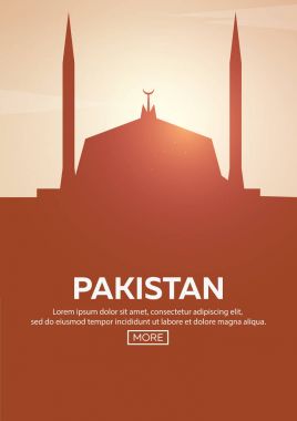 Pakistan'a seyahat poster. Simge yapılar siluetleri. Vektör çizim.