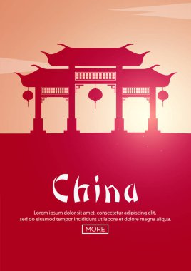 Çin'e seyahat poster. Simge yapılar siluetleri. Vektör çizim.