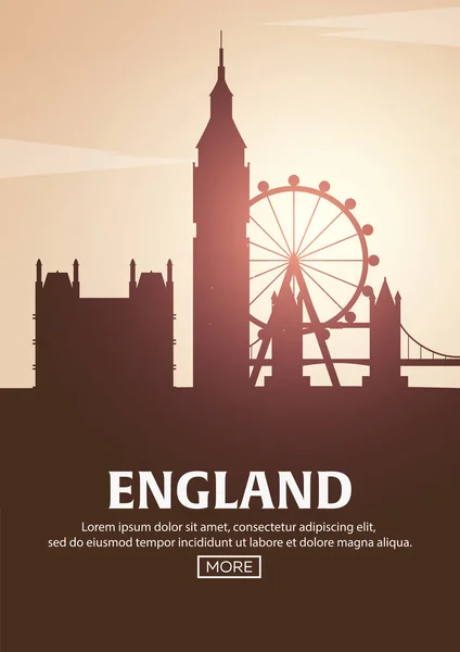 De poster van het reizen naar Engeland. Bezienswaardigheden silhouetten. Vectorillustratie. — Stockvector