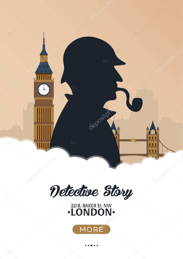 Sherlock Holmes poster. Detective illustration. Illustration with Sherlock Holmes. Baker street 221B. London. Big Ban.