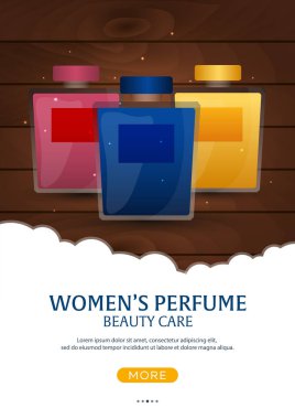 Parfüm şişesi. Bayan parfüm. Güzellik bakımı. Şablon, mockup reklamlar, marka dergisi için. Vektör çizim.