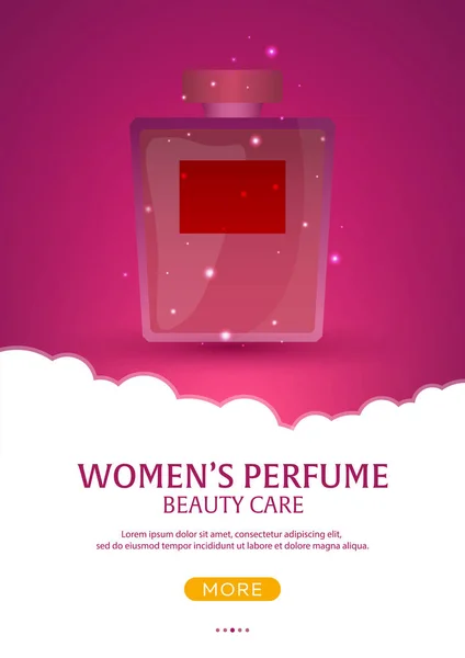 Frasco de perfume. Perfume para mujer. Cuidado de belleza. Plantilla, maqueta para anuncios, revista, branding. Ilustración vectorial . — Vector de stock