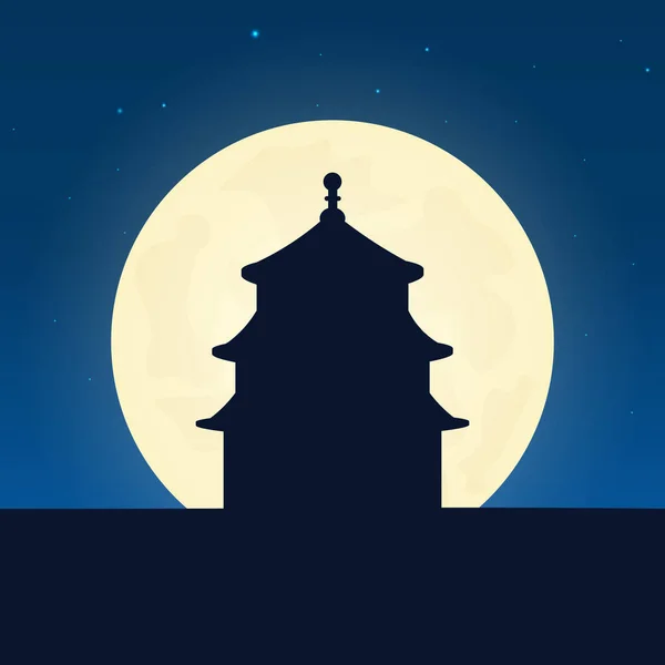 China silhouette of attraction. Travel banner with moon on the night background. Trip to country. Travelling illustration.