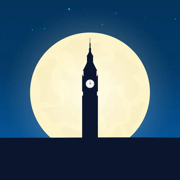 England, London silhouette of attraction. Travel banner with moon on the night background. Trip to country. Travelling illustration.