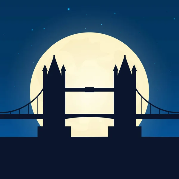 Inglaterra, silueta de atracción de Londres. Banner de viaje con luna en el fondo nocturno. Viaje al campo. Ilustración itinerante . — Vector de stock