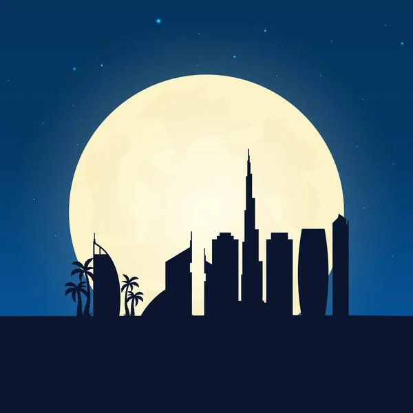 Dubai silhouette di attrazione. Bandiera da viaggio con luna sullo sfondo notturno. Viaggio in campagna. Illustrazione di viaggio . — Vettoriale Stock