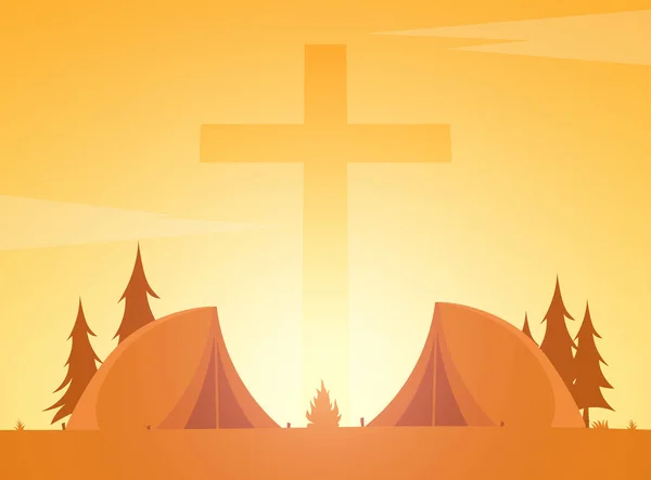 Christian summer camp. Evening Camping. Cross. Vector illustration. — Stock Vector