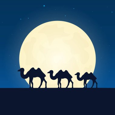 Mısır, Afrika siluet cazibe. Seyahat afiş ayda gece arka plan ile. Ülke gezisi. İllüstrasyon seyahat.