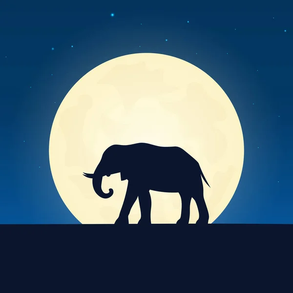Ελέφαντας σιλουέτα. Πανό με φεγγάρι σε φόντο τη νύχτα. Εικονογράφηση διάνυσμα. — Διανυσματικό Αρχείο
