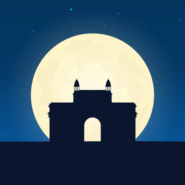 Indien Silhouette der Attraktion. Reisebanner mit Mond auf dem Nachthintergrund. Reise ins Land. Reiseillustration. — Stockvektor