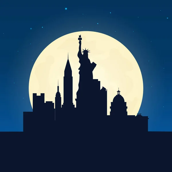 USA silhouet van de attractie. Reizen banner met maan op de achtergrond van de nacht. Reis naar het land. Reizende illustratie. — Stockvector