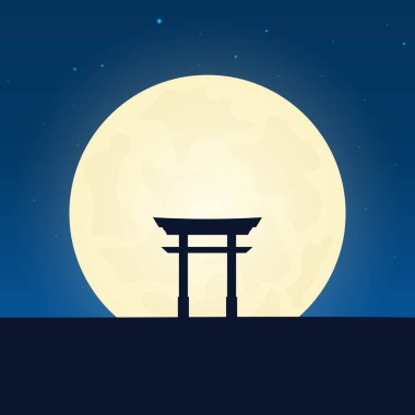 Japonya siluet cazibe. Seyahat afiş ayda gece arka plan ile. Ülke gezisi. İllüstrasyon seyahat.