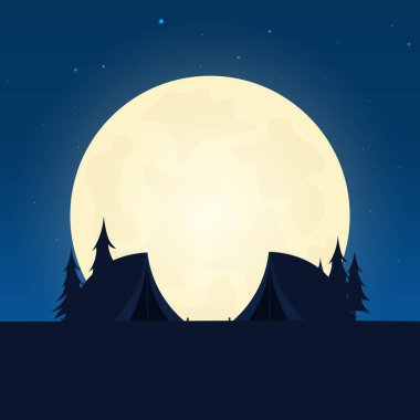 Kamp siluet. Ayda gece arka plan ile banner. Vektör çizim.