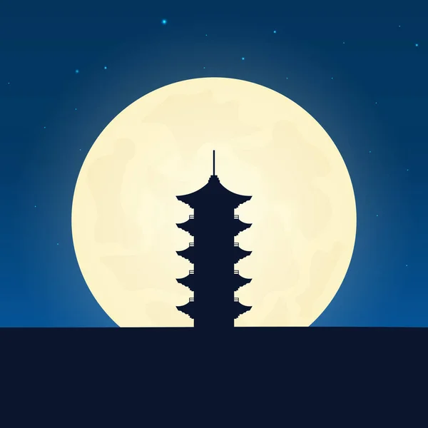 Japonsko silueta přitažlivosti. Cestovní banner s měsícem na pozadí noci. Výlet do země. Cestování ilustrace. — Stockový vektor