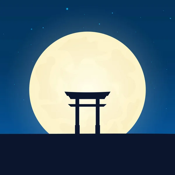 Japan silhouette of attraction. Travel banner with moon on the night background. Trip to country. Travelling illustration.