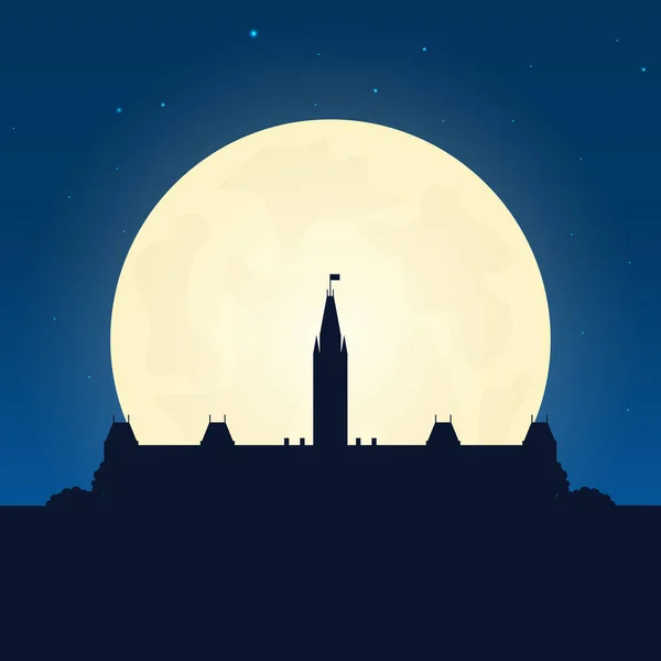 Silueta de atracción de Canadá. Banner de viaje con luna en el fondo nocturno. Viaje al campo. Ilustración itinerante . — Archivo Imágenes Vectoriales