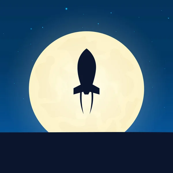 Rocket silhouette. Banner with moon on the night background. Vector illustration. — Stock Vector