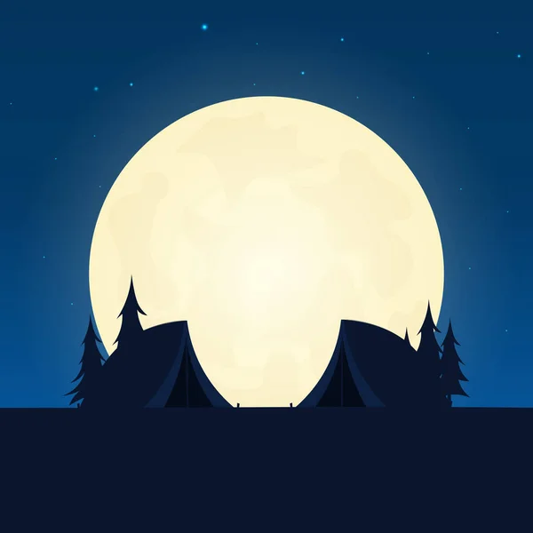 Silueta de camping. Banner con luna en el fondo nocturno. Ilustración vectorial . — Vector de stock